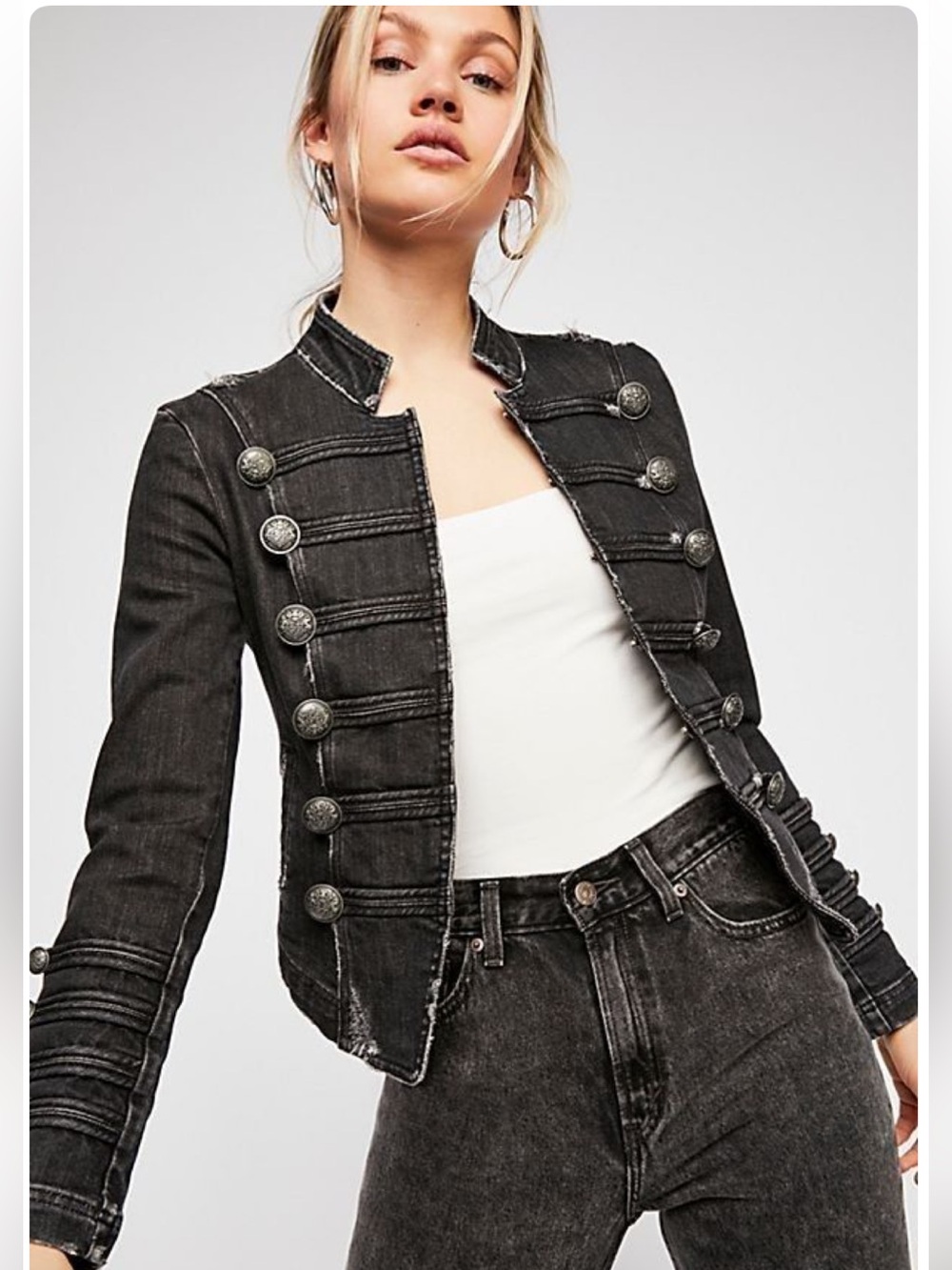 Free People black military-style distressed denim jacket - Picture 1 of 9